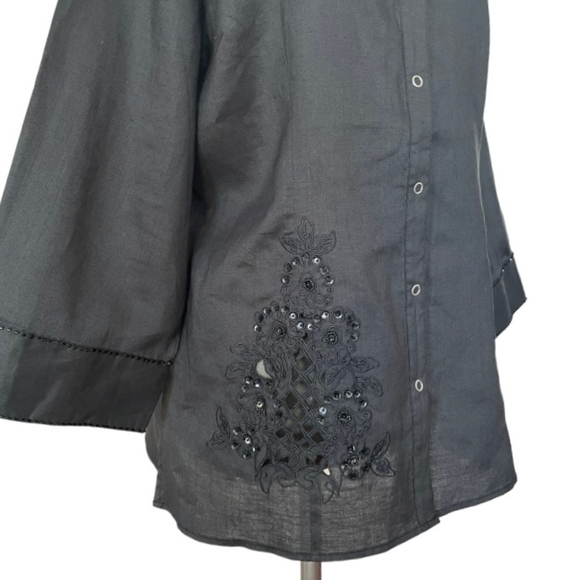 Women’s Shirt LINO USA Black Blouse 3/4 Sleeve Shirt Beads Embroidered Linen Top - Picture 3 of 8